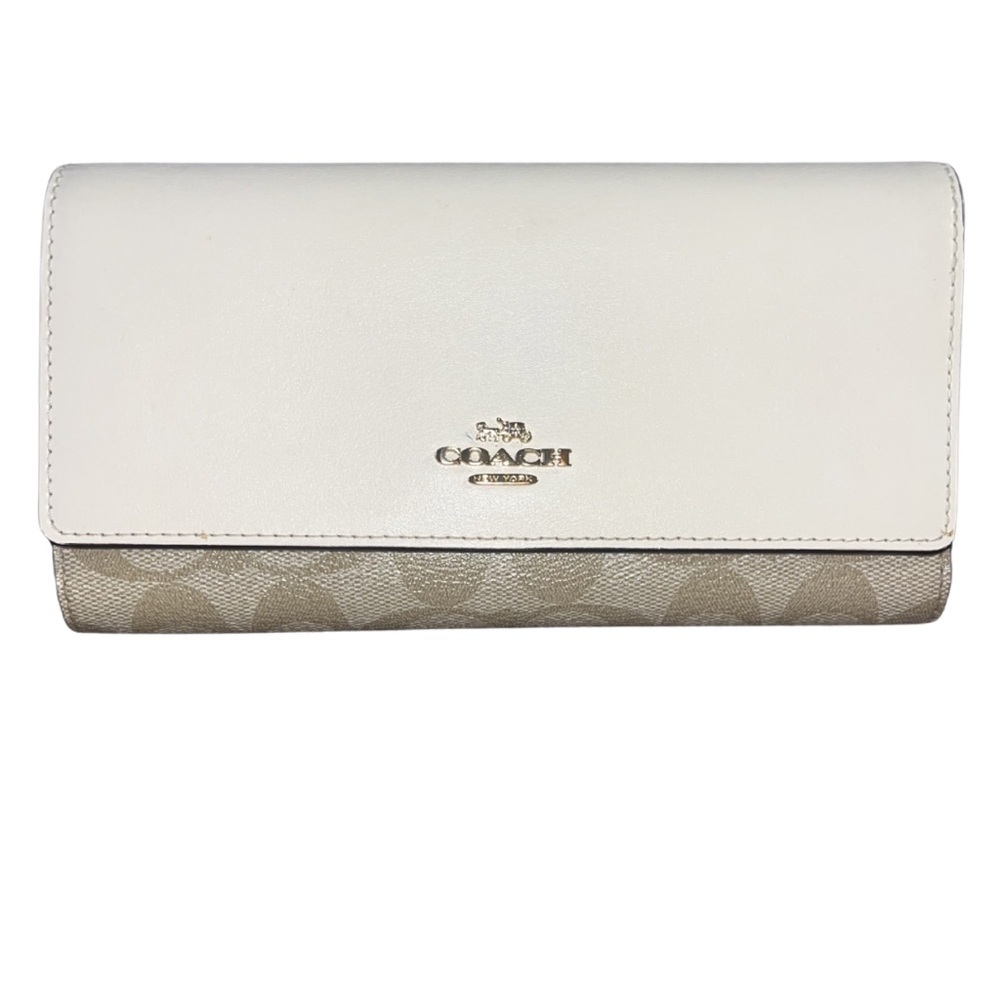 Coach Slim Trifold Wallet Signature Canvas Light Khaki Chalk C5966